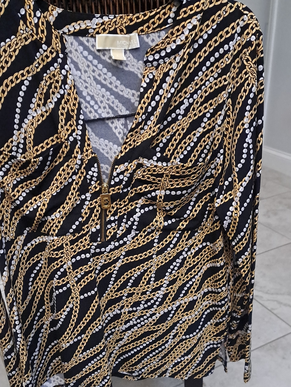 MICHAEL Michael Kors Black Gold and White Chain-Print Long Sleeve Top